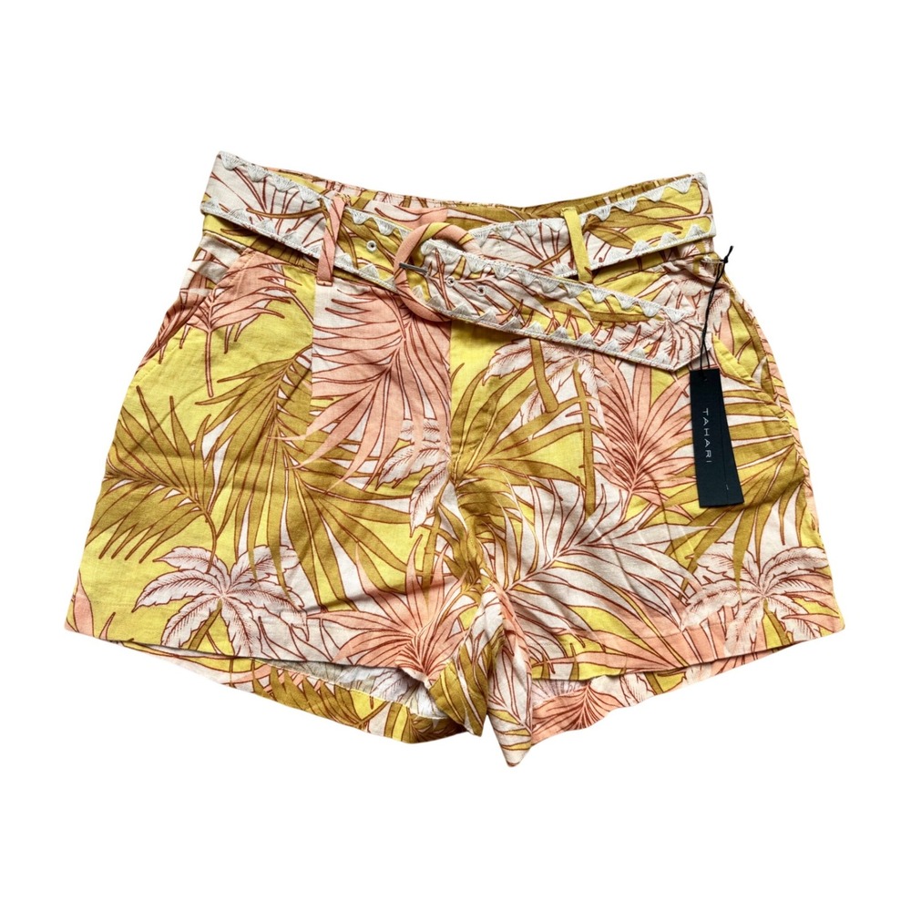 Tahari High Rise Tropical Palm Leaf Vacation Linen Shorts Boho Resort Size 8 NWT